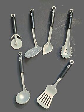 THEO KLEIN Lot Of 6 Kitchen Toy Utensils Black Handles Silver Finish Approx 7"
